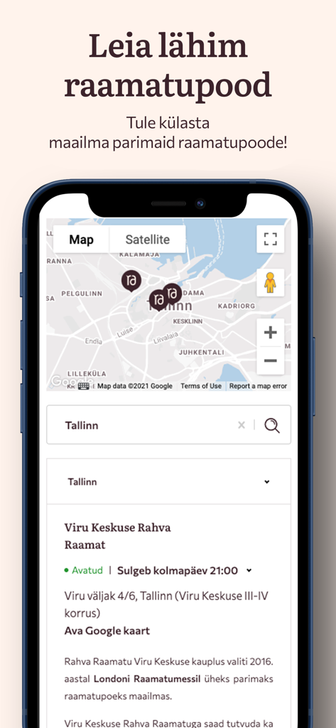 A mobile screen showing the Rahva Raamat store locator with a map of bookstore locations in Tallinn Estonia.