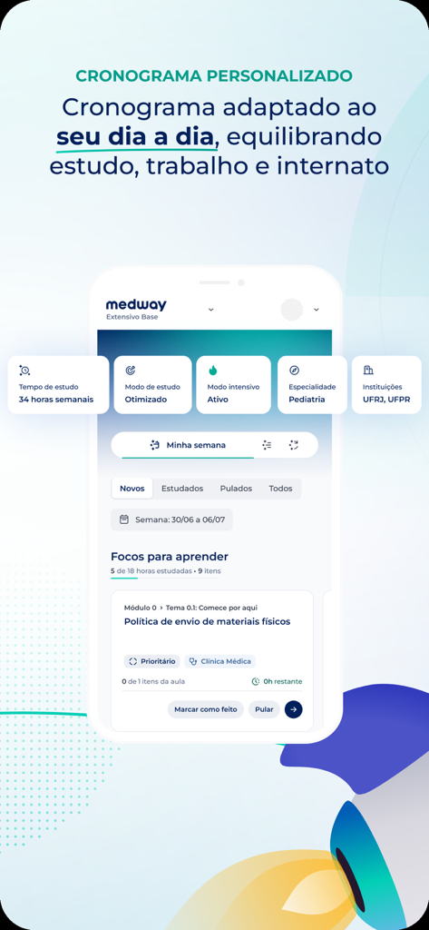 Medway Residência Médica - Interface do aplicativo Medway mostrando um cronograma de estudo personalizado para preparação de residência médica.