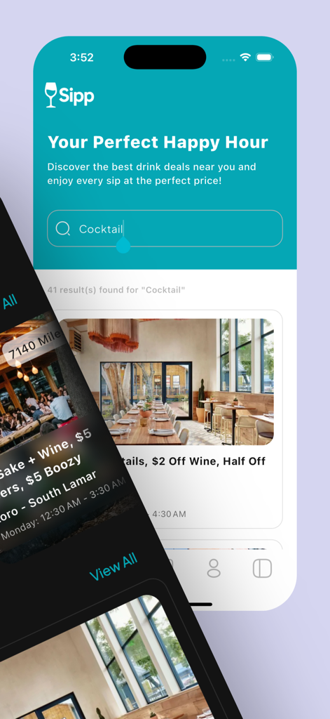 L'interfaccia di ricerca dell'app Sipp che mostra i risultati delle offerte per l'happy hour di cocktail nelle vicinanze