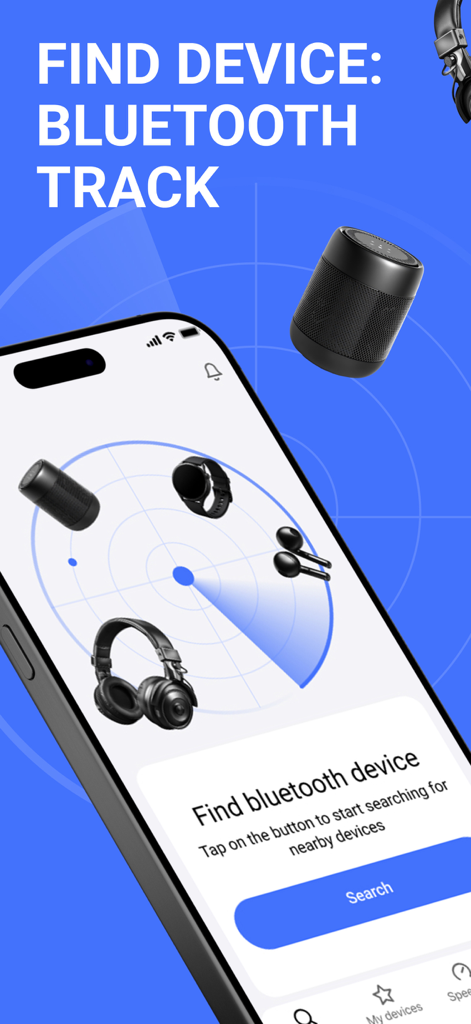 Interface of a Bluetooth finder app showing a radar to locate lost gadgets