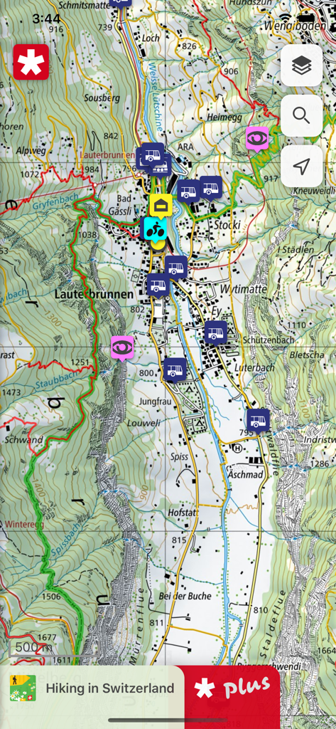 Topographic map of Lauterbrunnen in SwitzerlandMobility app showing official hiking routes and transit stops