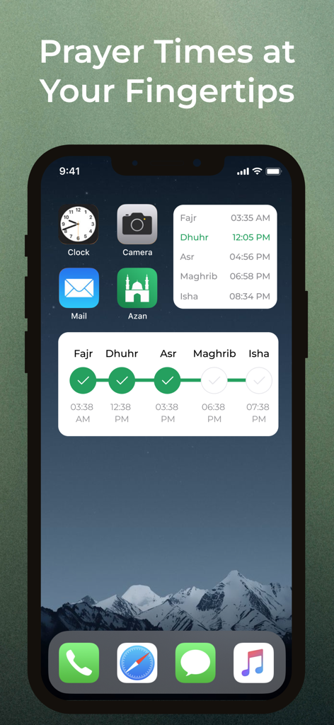 iPhone home screen displaying Azan app widgets for daily prayer times and a progress tracker