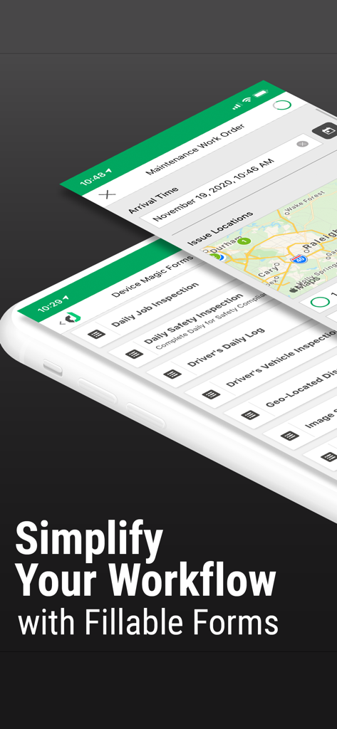 Interfaz de la aplicación Device Magic que muestra formularios de inspección de trabajos y de seguridad en un dispositivo móvil