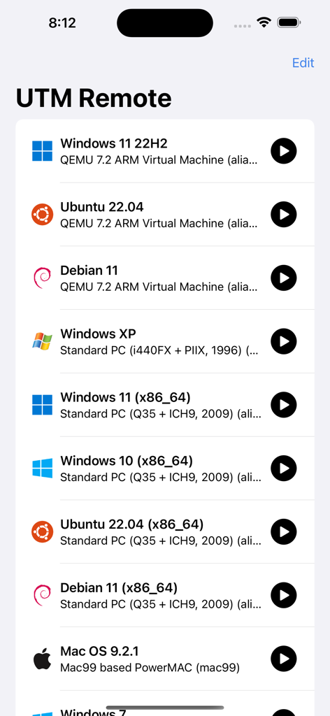 UTM Remote Virtual Machines - List of available virtual machines in the UTM Remote application interface