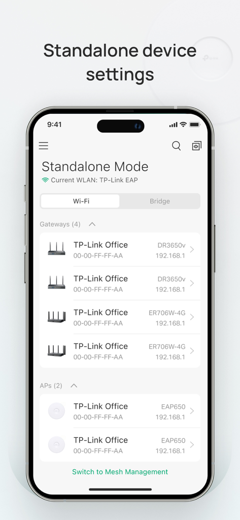 TP-Link Omada app interface displaying standalone mode settings for office gateways and access points.