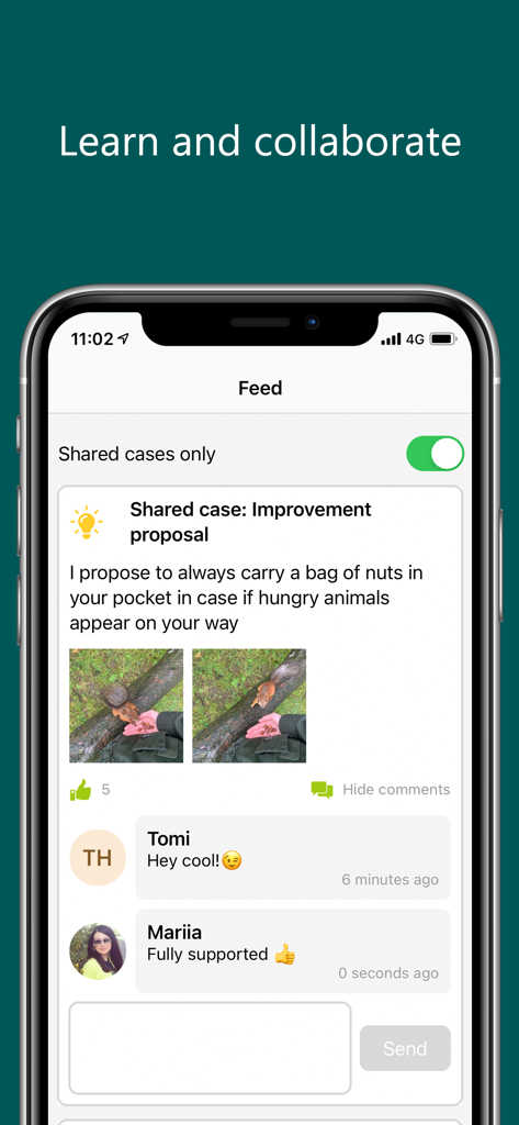 Gurufield - Gurufield app screen displaying the collaboration feed with a shared improvement proposal and team comments