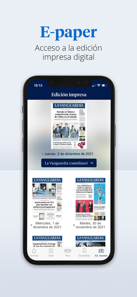 La Vanguardia - Interfaz de teléfono móvil que muestra el acceso a la edición diaria impresa digital del periódico La Vanguardia