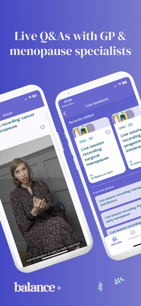 Balance - Menopause & Hormones - Interface of the Balance app showing live video sessions and Q&As with menopause specialists and doctors.