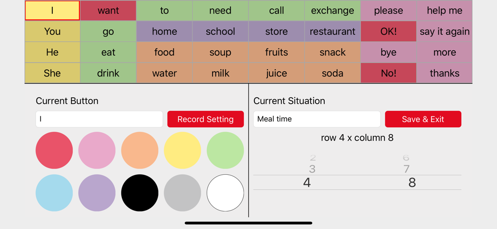 Listen and Speak - Editing interface for the Listen and Speak AAC app with a vocabulary word grid and button customization settings