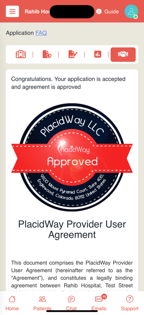 PlacidTracks CRM app screen displaying a provider user agreement confirmation with a PlacidWay approved seal