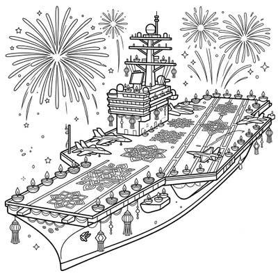 Embark on a unique coloring journey with this festive aircraft carrier, beautifully adorned for Diwali. Fill the decks with vibrant colors as you bring the joy of the Festival of Lights to life at sea.