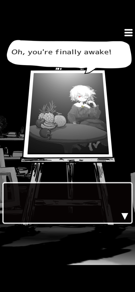 Death Palette - Matsuro - A monochrome painting of a girl with red eyes on an easel with a dialogue bubble in a dark room