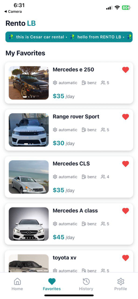 Rento LB - 일일 요금이 포함된 레바논의 고급 렌터카 목록을 표시하는 Rento LB 앱 즐겨찾기 화면