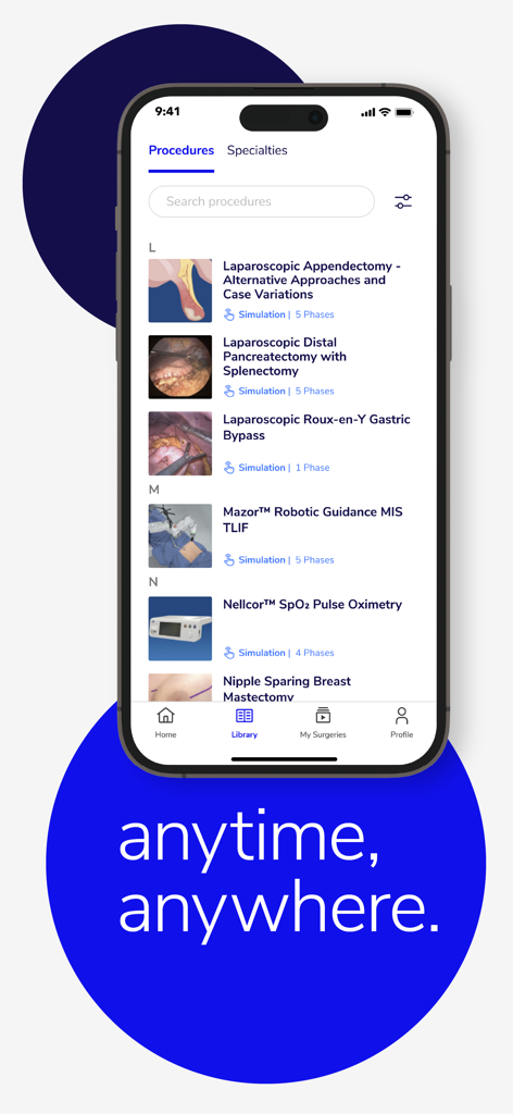 Touch Surgery: Surgical Videos - A mobile phone displaying a list of surgical procedure simulations in the Touch Surgery app library.