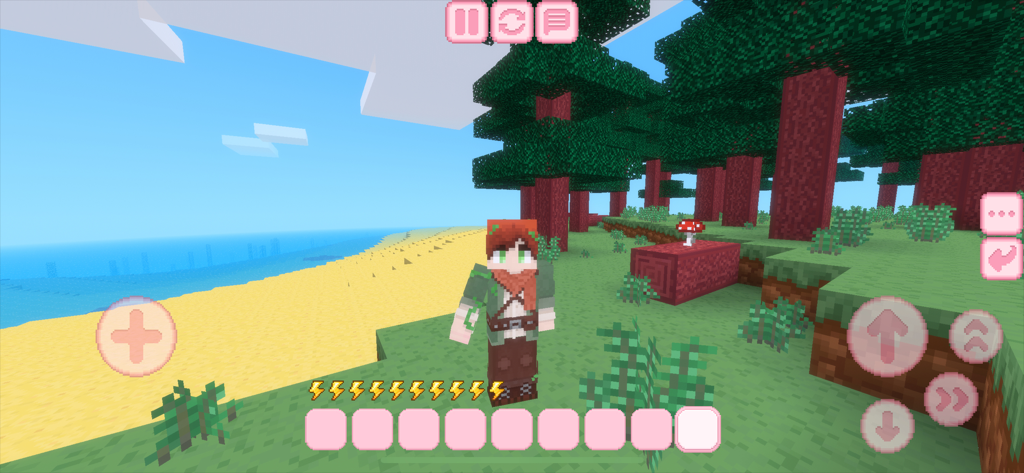A blocky character exploring a colorful forest and beach in Kawaii Craft.