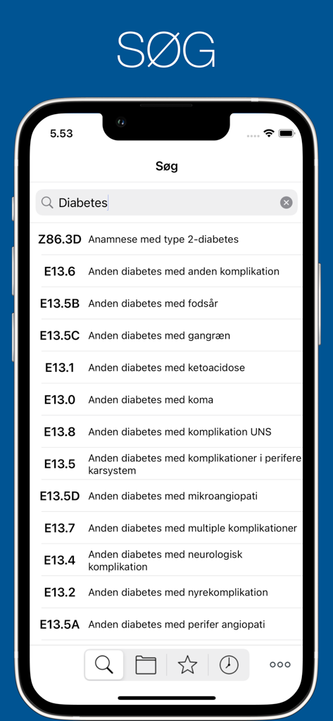 iPhone 화면에 진단 코드 ICD-10 의료 앱에서 당뇨병에 대한 검색 결과가 표시됩니다.