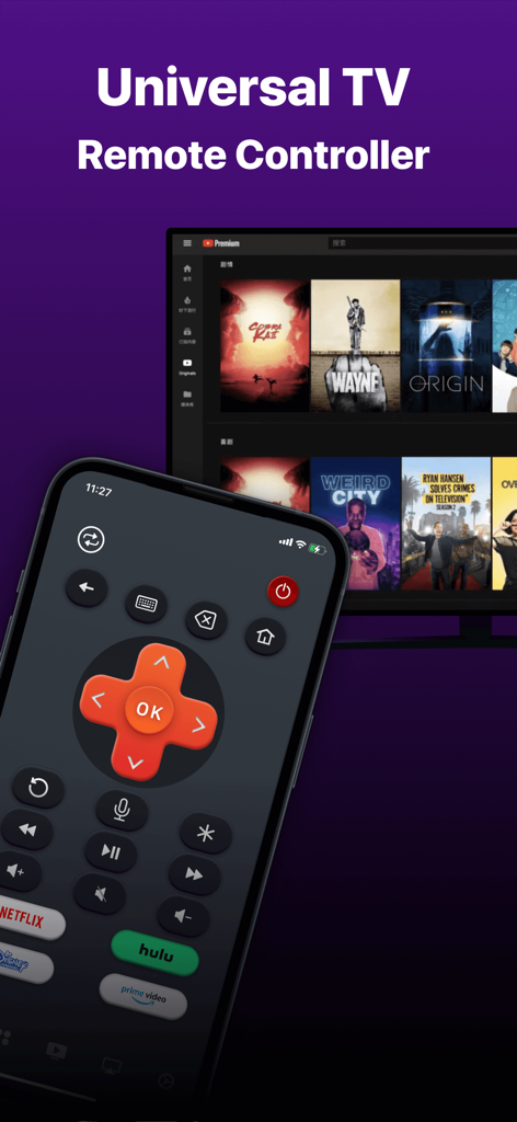 AI Remote：TV Remote Controller - Universal TV remote controller app interface on a smartphone screen next to a smart TV