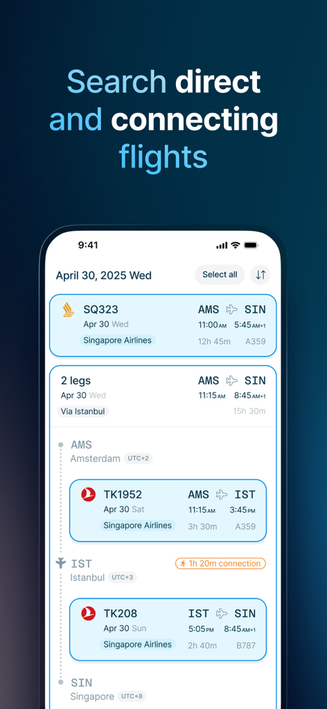 Interfaz de la aplicación móvil StaffTraveler que muestra los resultados de búsqueda de vuelos directos y con conexión entre Ámsterdam y Singapur.