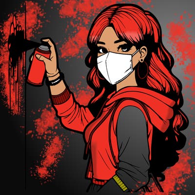 realistic girl with mask spray painting a wall