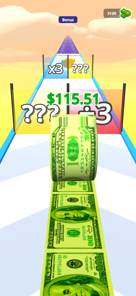 Money Rush - Un rollo de dinero moviéndose a través de puertas matemáticas en el juego móvil Money Rush.