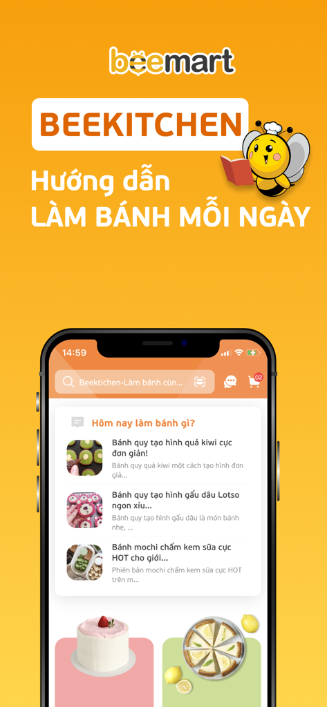 Beemart mobile app interface displaying the BeeKitchen section with various baking recipes and tutorials