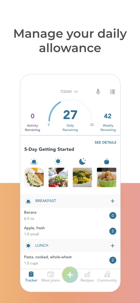 Healthi: Weight Loss, Diet App - Mobile app interface of Healthi showing the daily BITES allowance tracker and food log for breakfast and lunch.