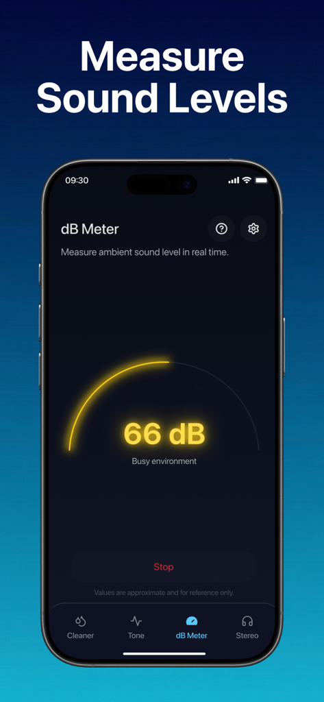 Water Eject - Clean Speaker - Screenshot dell'iPhone che mostra un fonometro che misura sessantasei dB in un ambiente rumoroso