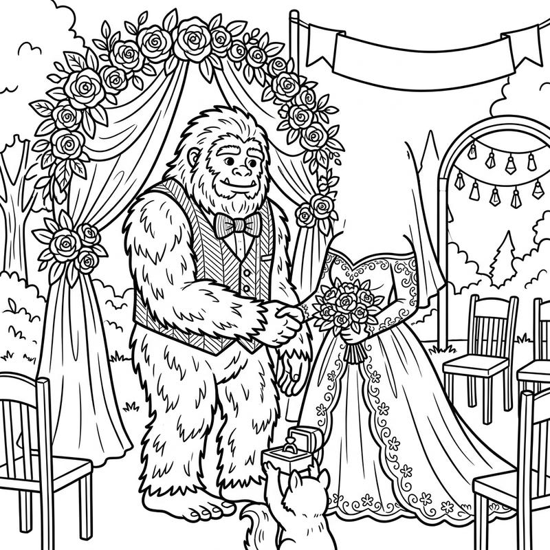Unleash your creativity with this delightful coloring page featuring Bigfoot celebrating his special wedding day. Designed with clear outlines for seniors, it's a perfect blend of whimsy and elegance.