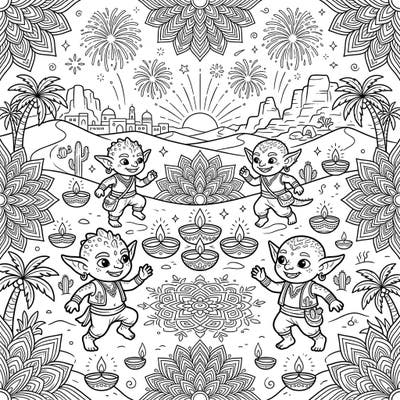 Step into a world where mischievous desert goblins embrace the spirit of Diwali! This charming coloring page is bursting with festive joy, featuring traditional diyas, intricate rangoli patterns, and dazzling fireworks.