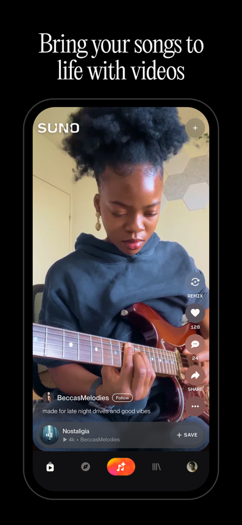 Um usuário tocando violão em uma postagem de vídeo social no aplicativo de música Suno AI