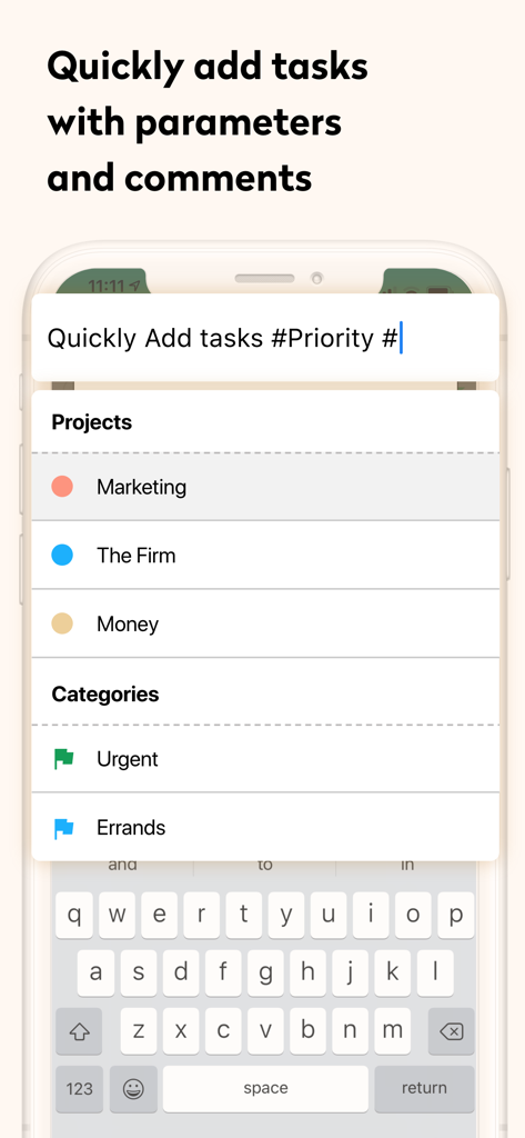 Nozbe Classic - Interface of Nozbe Classic showing a task entry screen with project and category parameters