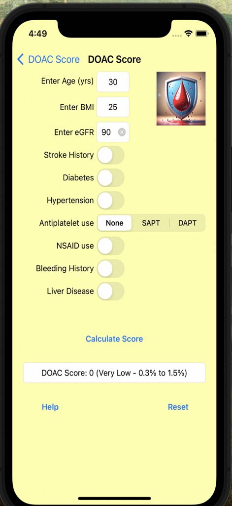 DOACScore app interface showing clinical inputs for bleeding risk assessment