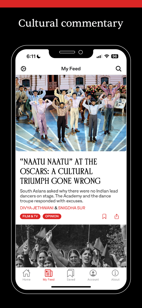 The Juggernaut - Mobile app interface of The Juggernaut featuring a news feed with cultural commentary on South Asian stories