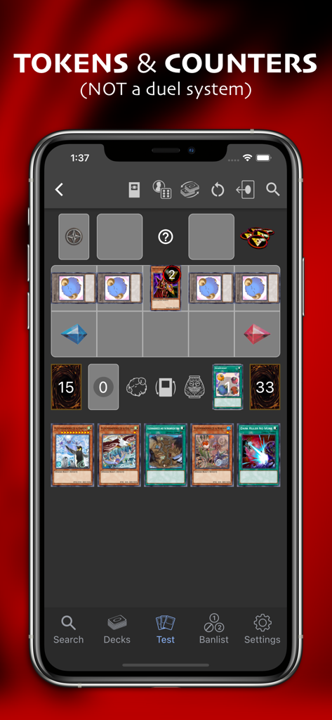 Yugipedia Deck Builder - Interface of the Yugipedia Deck Builder test field feature showing cards tokens and counters