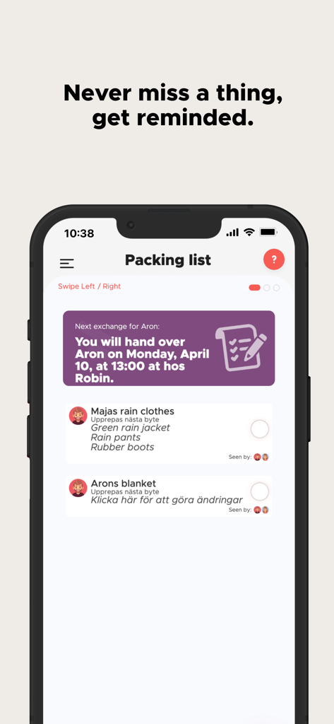 Co-parenting - Interface d'application mobile montrant une liste de colisage pour les enfants lors d'un échange de garde avec des détails de transfert et des cases à cocher.