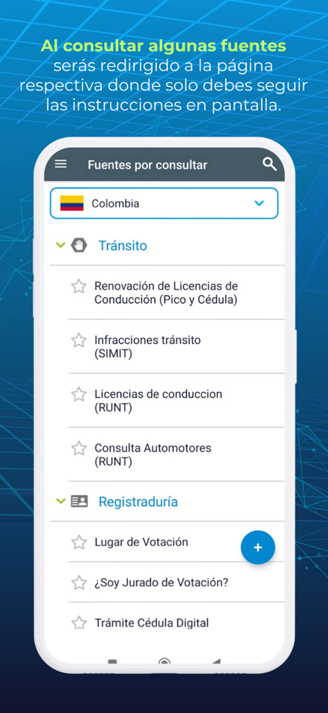 Verifiquese Cedula - Verifíquese Cédulaアプリで、交通および登録サービスを含むコロンビア政府のクエリオプションを表示するモバイル画面。