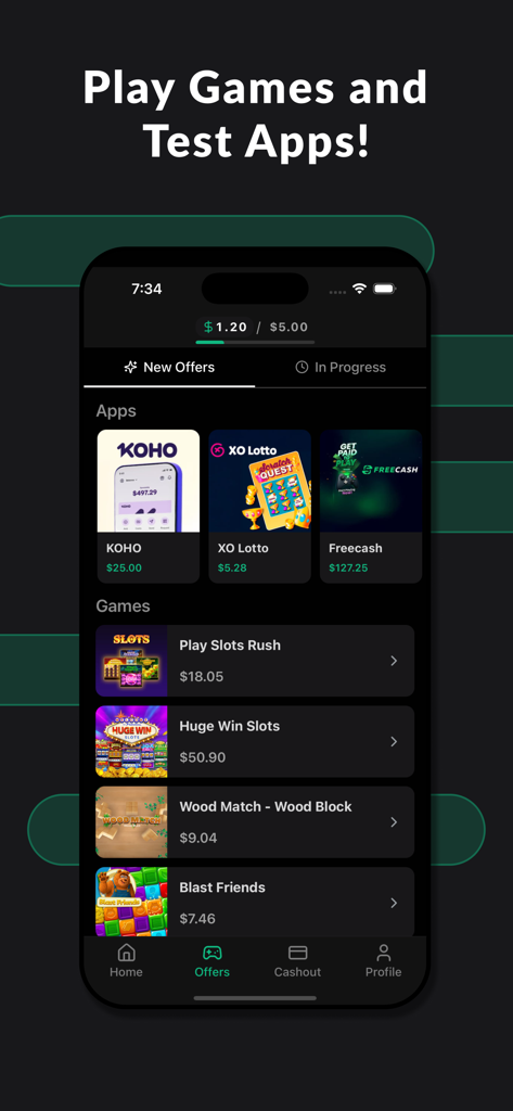SurveyBank: Earn Cash - SurveyBank app screen showing different mobile games and apps that users can test to earn cash rewards