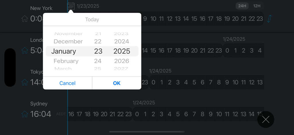 Date picker overlaying a world clock dashboard with multiple city time zones