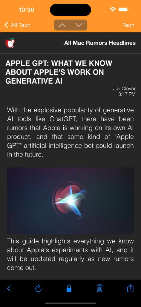 xFeed RSS Reader displaying a tech news article about Apple GPT on an iPhone