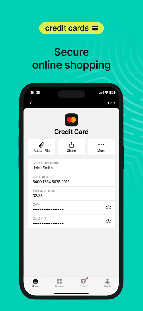 A screenshot of the NordPass app displaying a secure credit card storage screen for online shopping.