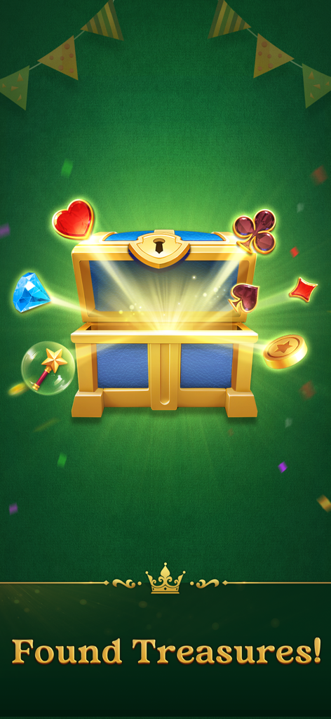 An open glowing treasure chest in Jenny Solitaire showing game rewards like diamonds and coins with the text Found Treasures