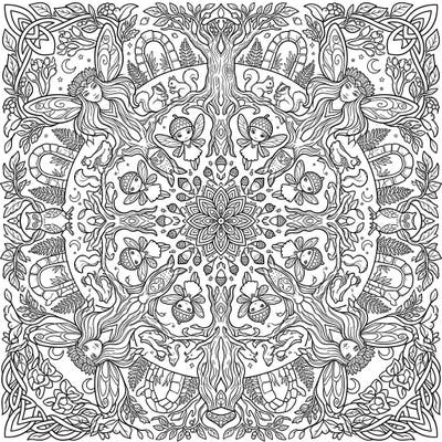 Unleash your creativity with this beautiful Forest Fairies Mandala. This intricate design features graceful fairies intertwined with woodland elements, offering a mesmerizing coloring experience.