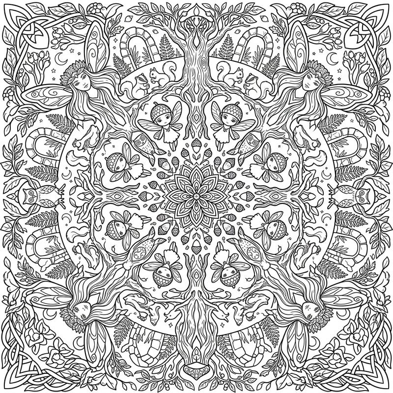 Unleash your creativity with this beautiful Forest Fairies Mandala. This intricate design features graceful fairies intertwined with woodland elements, offering a mesmerizing coloring experience.