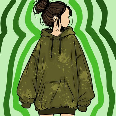 realistic girl with a oversized sweatshirt on and a bun