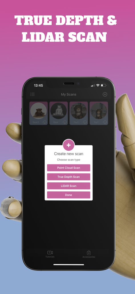3D Scanner App - LiDARおよびTrue Depthセンサーの3Dスキャンオプションを表示するiPhone画面