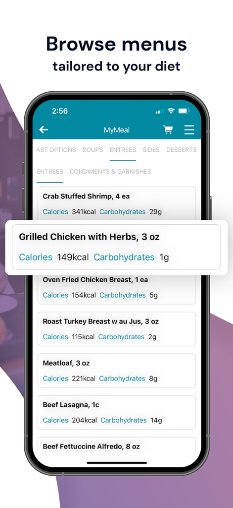 MyMeal by CompassOne - MyMeal app interface showing a list of meal options with calorie and carbohydrate information tailored to patient diets