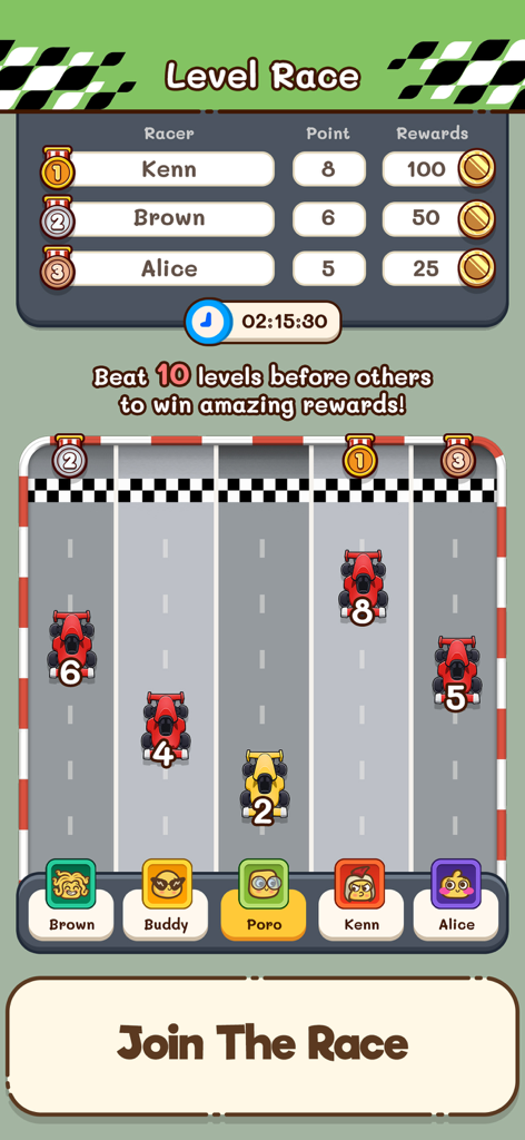 Clasificación del modo Carrera de Nivel que muestra las posiciones de los jugadores y las recompensas de monedas en el juego de puzles de lógica