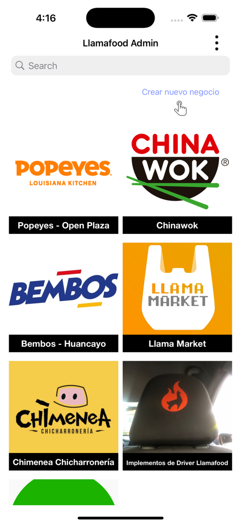 Business selection screen in the Llamafood Admin app showing restaurant logos like Popeyes and China Wok
