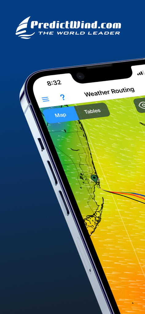 Interfaz de la aplicación PredictWind Offshore que muestra un mapa de rutas meteorológicas marítimas con datos de viento cerca de Miami