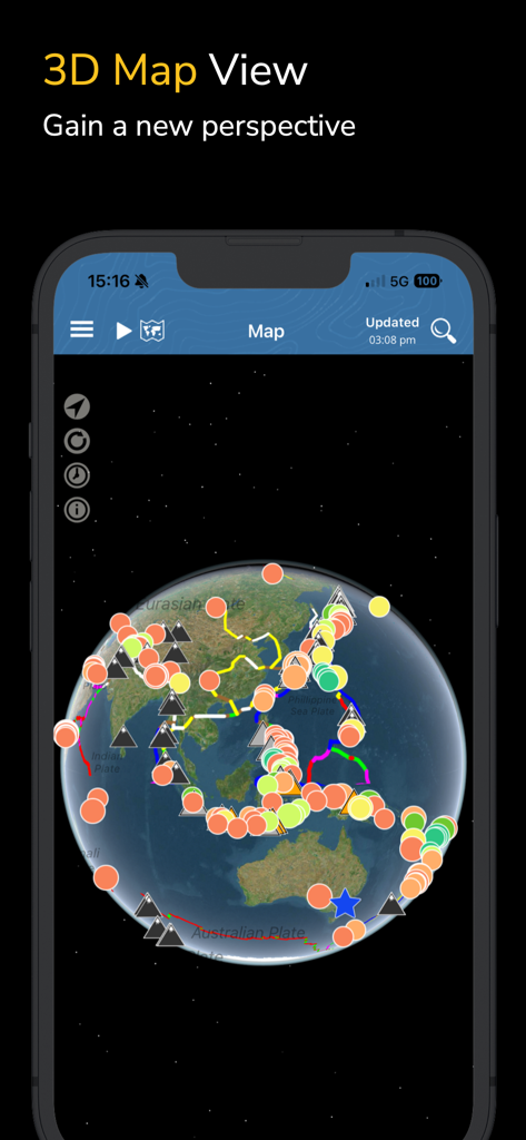 Earthquake+ Alerts, Map & Info - Earthquake plus 3D globe map displaying seismic activity and tectonic plates